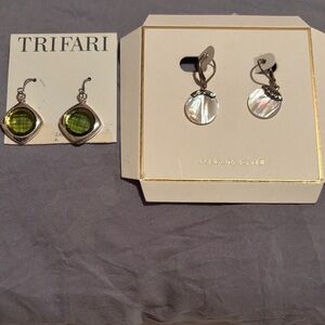 Trifari Silver and Green Earrings Duo